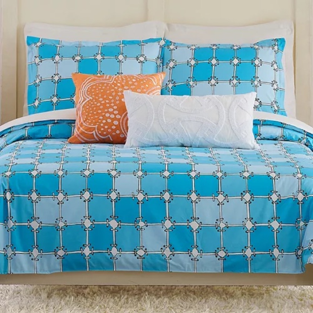 Trina Turk Aqua Square Duvet 3 Piece Set Full Queen 100% Cotton Designer Modern